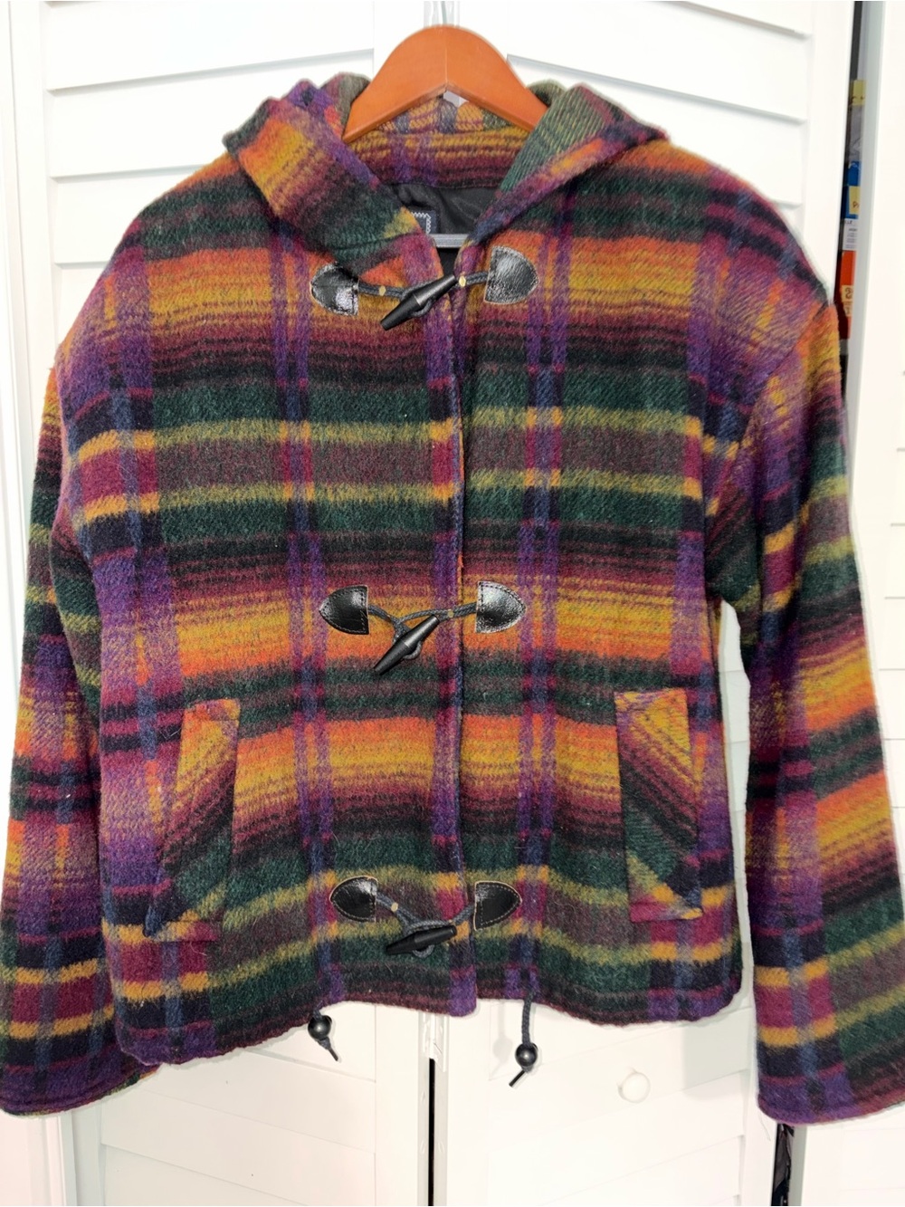The Limited Collection Rare-Vintage Multicolor Wool Plaid Hooded Toggle Pea Coat